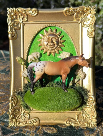 Golden Appaloosa | brass winking sun cabochon, real pressed carnations, faux moss