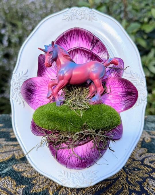 Orchid Unicorn | synthetic flower orchid petals, faux moss