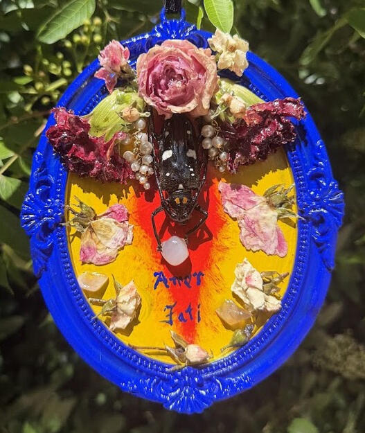 AMOR FATI | real longhorn beetle, pressed carnations, dried roses, clear / mixed agate ~ real w/ resin | $40