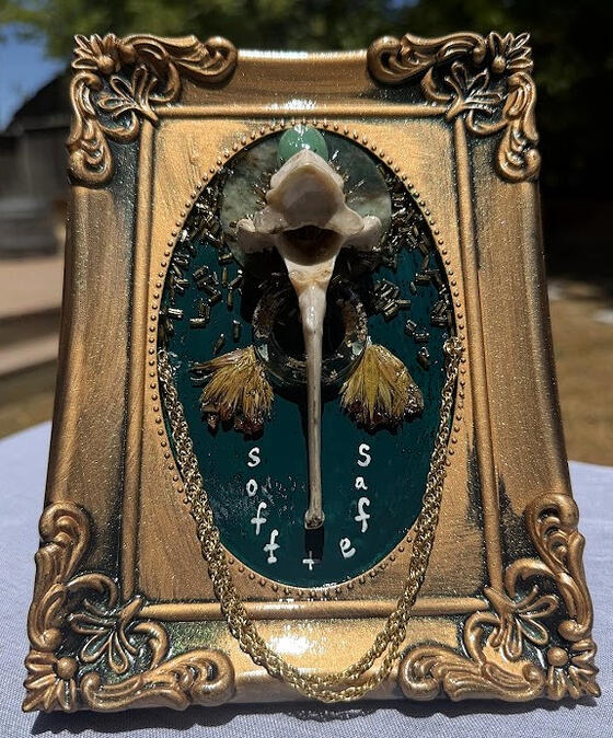 SOFT + SAFE | Real vertebrae bone, acrylic beads / gems, real agate circle slab, pressed flowers ~ sealed with resin | $35