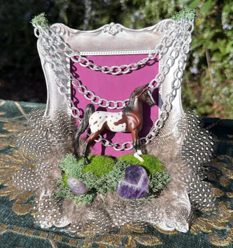 Amethyst Appaloosa | real amethyst chunks, silver chains, faux moss &amp; feathers