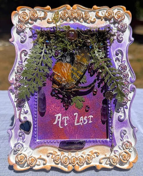 AT LAST | real lanterfly, pressed ferns, amethyst shards, golden accents ~ sealed w/ resin | $35