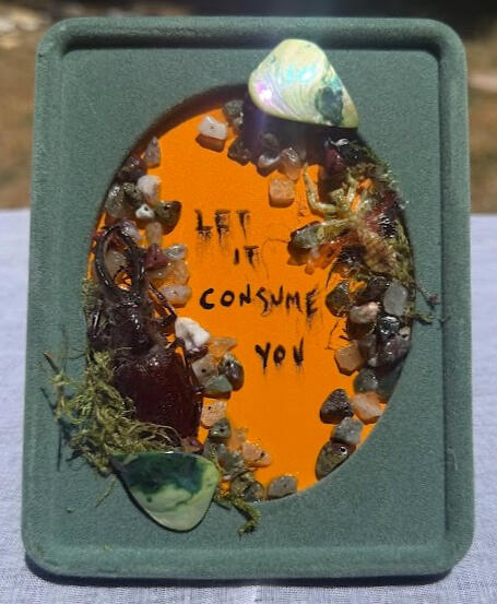 LET IT CONSUME YOU | real 4 eyed stag beetle, real jeweled flower mantis, moss, agate pieces ~ sealed in resin | $30
