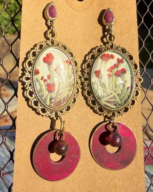 Red Crest Lichen. Brass studs w/ metal &amp; bead accents. Approx 3&quot; drop. $25