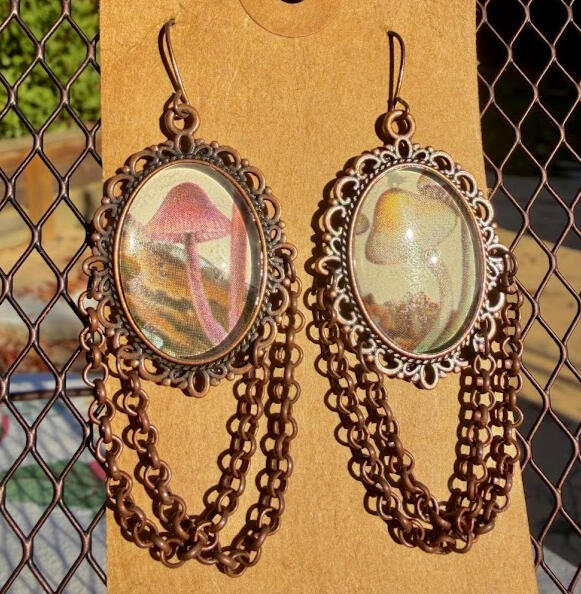 Bleeding Mycena &amp; Capped Mycena. Antique brown metal fish hooks. Approx 2&quot; length. $25