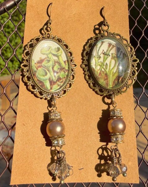 Pixie Cup Lichen &amp; Spoon Lichen. Brass fish hooks w/ faux gem accents. Approx 2.5&quot; length. $25