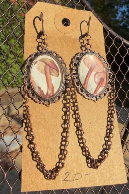 Buttery Collybia & Tufted Collybia. Antique brown metalware w/ brass leverbacks. Approx 3" length. $20