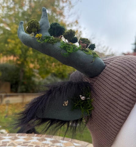 Forest-themed antlers on brown-to-black ombre beanie. Plush black fleece lining. Features plush fleece-like fabric for inner ears and antlers. There are subtle gold flecks throughout the fabric, seen especially in closeups that add a gold sheen.