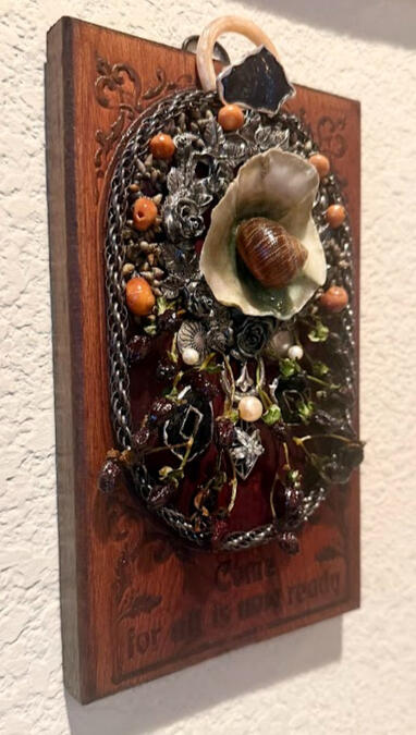 seashell, snail shell, silver cabochons, dried & resin-sealed berries, pearl, acrylic beads, gunmetal chain