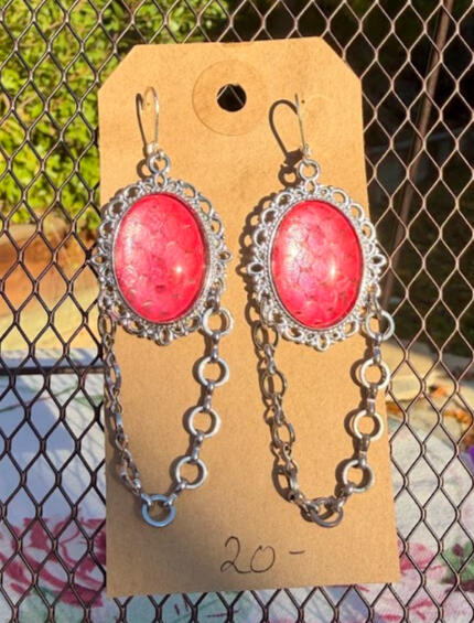 Silver metals w/ leverback hooks. Bright red / deep coral metallic snake shed. Approx 2.5" length. $20