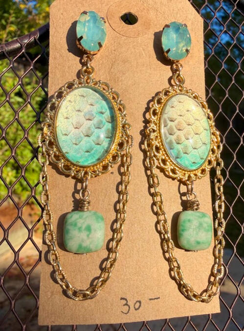 Gold metals w/ amazonite beads and faux gem studs. Metallic shift cream to seafoam green snake shed. Approx 3.5" length. $30
