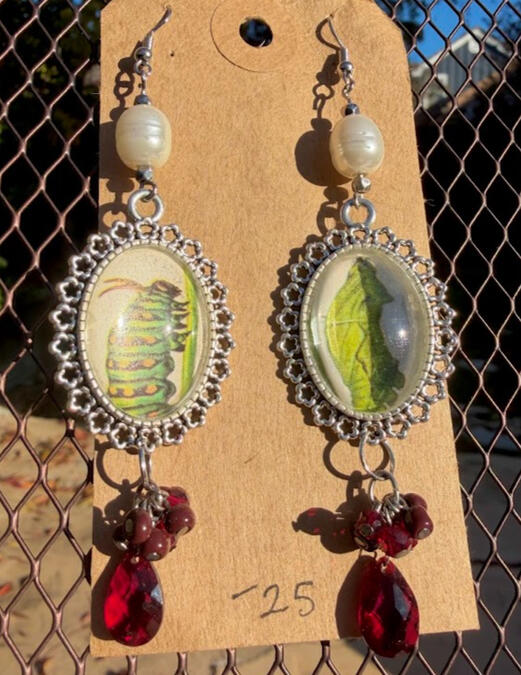 Pipevine Swallowtail Chrysalis &amp; Black Swallowtail Larva. Silver fish hooks w/ silver &amp; faux gem accents. Approx 3.5&quot; length. $25