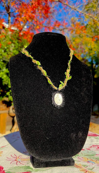 White Rabbit w/ Black Tipped Ears, Twine Necklace. 1" pendant. 18" twine length w/ adjustable chain for optional extension. $25