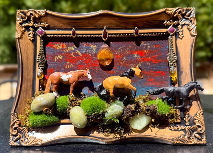 acrylic paint, brass / acrylic / glass beads, moss, real rock