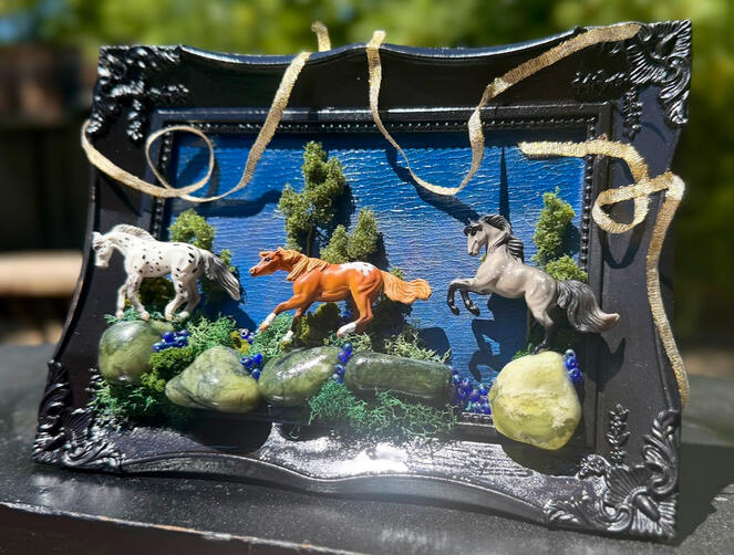 acrylic paint, gold ribbon, faux tree/moss, real rock, acrylic bead