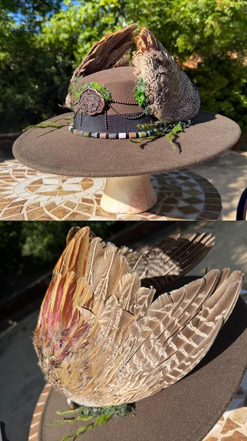 Upcycled dark olive green / army green hat with low-top. Framed by beautiful bold pheasant wings sourced from AAmericanFeathers on Etsy.